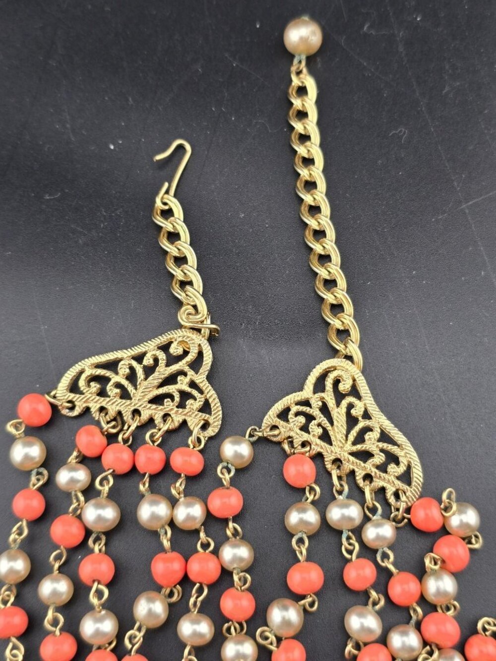 Faux Coral and Pearl Beads Necklace Gold Tone Multi-Strand 16" Adjustable Length - Picture 4 of 8